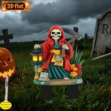 [2D Flat] 1pc 2D Flat Acrylic Garden Stake, Used For Garden And Potted Plants, Red Cape Skeleton With Scythe, Used For Decorating Yard And Potted Plants, Perfect For Decorations And Outdoor Decor, Halloween Decoration Stake, 2D Flat, No Electricity - A - View 2
