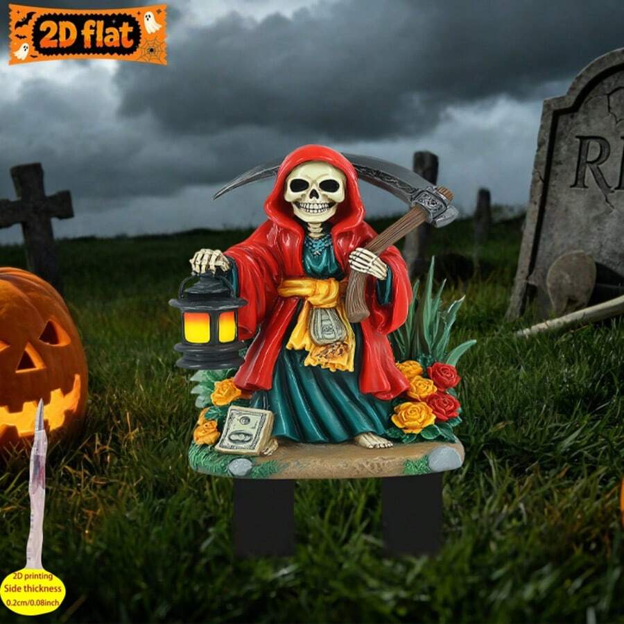 [2D Flat] 1pc 2D Flat Acrylic Garden Stake, Used For Garden And Potted Plants, Red Cape Skeleton With Scythe, Used For Decorating Yard And Potted Plants, Perfect For Decorations And Outdoor Decor, Halloween Decoration Stake, 2D Flat, No Electricity