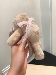 1pc Pink Plush Bear Headband With Lace Bow, Cute Women's Face Wash Headband - Multicolor - View 4