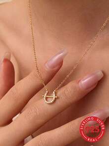 1pc S925 Sterling Silver Travel Vacation Minimalist Luxury Aesthetic Versatile Elegant Personalized Niche Exquisite Horseshoe Pendant Necklace Women's Cool Tone Fashion European And American High-End Geometric U-Shaped Collarbone Chain Delicate Gift - Geometry - View 2