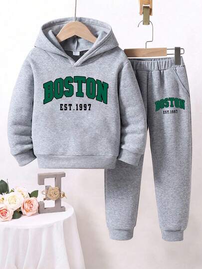 Girls' Letter Print Warm Hoodie And Sweatpants
