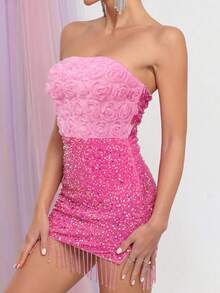 Women's Pink Strapless Mini Dress, 3D Rose Sequin Tassel Slim Fit, Suitable For Cocktail Parties And Nightclub Gatherings - Hot Pink - View 5