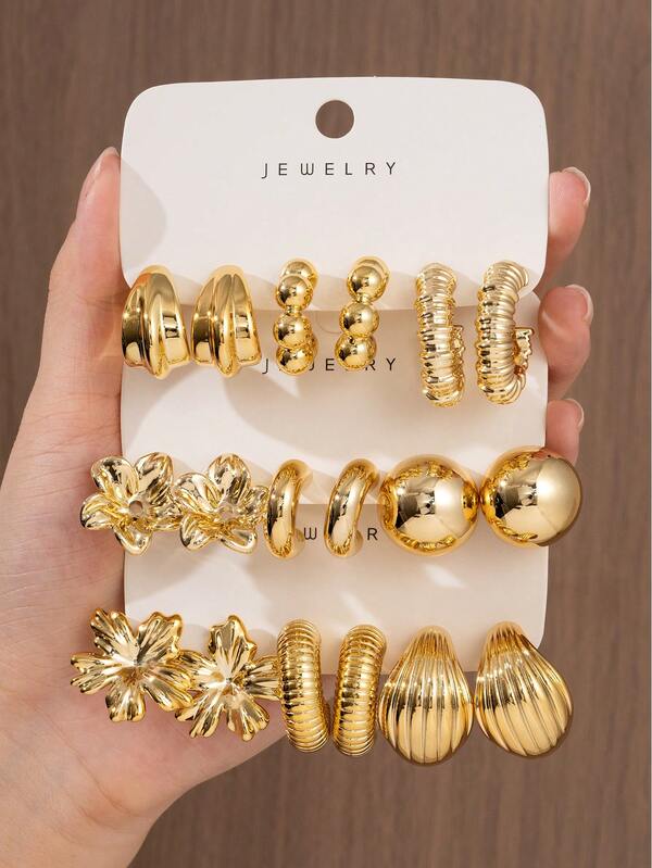 6/18pcs New Gold Fashion Multi-Style Floral & Geometric Earrings Set For Women, Exaggerated Hip-Hop Elegant Ear Jewelry, Suitable For Daily, Holiday, All-Season Wear