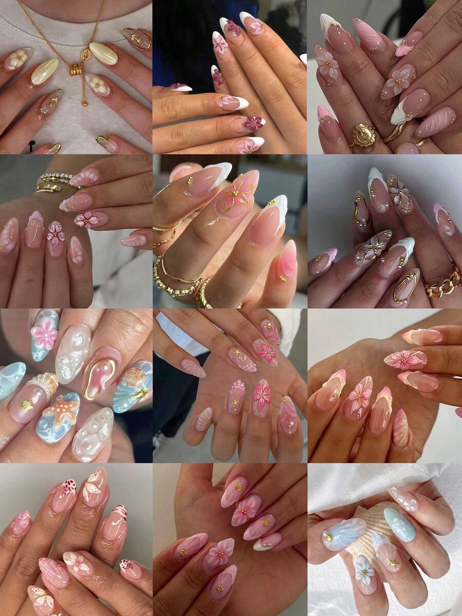 288pcs Long Almond Shape 3D Gel Nail Art, Nail Stickers, Floral And French Nail Design With Rhinestone And Pearl Decoration Fake Nail Set, Suitable For Women And Girls Daily Wear, Also Suitable For Parties And Other Occasions. - Multicolor - View 1