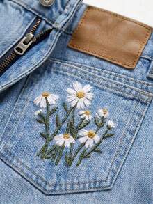 High Waisted Daisy Embroidered Shorts - Women's Casual Floral Pocket Jean Shorts, Summer Beach Rolled Hem Short Pants - A - View 4