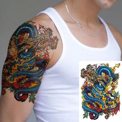 Temporary Tattoo Stickers For Women Or Men, Cool Tough Guy Style, Colorful Retro Chinese Japanese Asian Traditional Style Dragon Pattern, Waterproof F