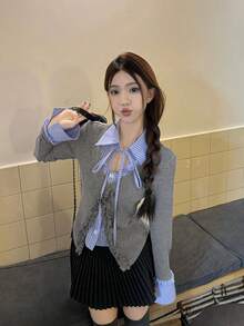 Korean Style Schoolgirl Striped Patchwork Versatile Slimming Ruffle Trim 2 In 1 Shirt Blouse - Picture Color - View 3