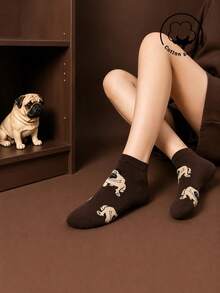 1/2 Pairs Women's Fun Cartoon Pug Cotton Socks, Soft Breathable Low-Cut Cotton Socks For Spring/Summer, Suitable For Dog Lovers, Outdoor Wear, Gift-Giving, Back To School Season - Brown - View 3
