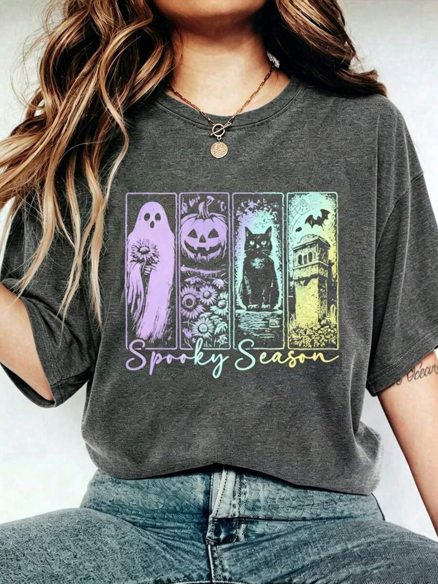 Kostum Halloween Wanita Ukuran Besar, Motif Hantu Musim Gugur, Kaos Lengan Pendek Leher Bulat Kasual Musim Panas - Grey - View 1