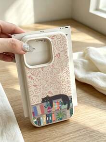 1pc Hand Drawn Sleeping Black Cat Colorful Bookshelf Pink Floral Printed Off White Leather Grain Phone Case Compatible With Apple Apple17/16/11/12/13/14/15/15Pro/15Plus/15ProMax/7Plus/8Plus/X/XsMax/Xr/11Pro/13Pro/14Pro/11ProMax/12ProMax/13ProMax/16ProMax/17Pro/17e/17ProMax&Galaxy S20FE/S21FE/S22/S22UITRA/S25/S25FE/S26/S26Uitra/A05s/A06/A07/A14/A17/A25/A26/A34/A35/A36/A53/A54/A55/A56/A57 - Multicolor - View 1