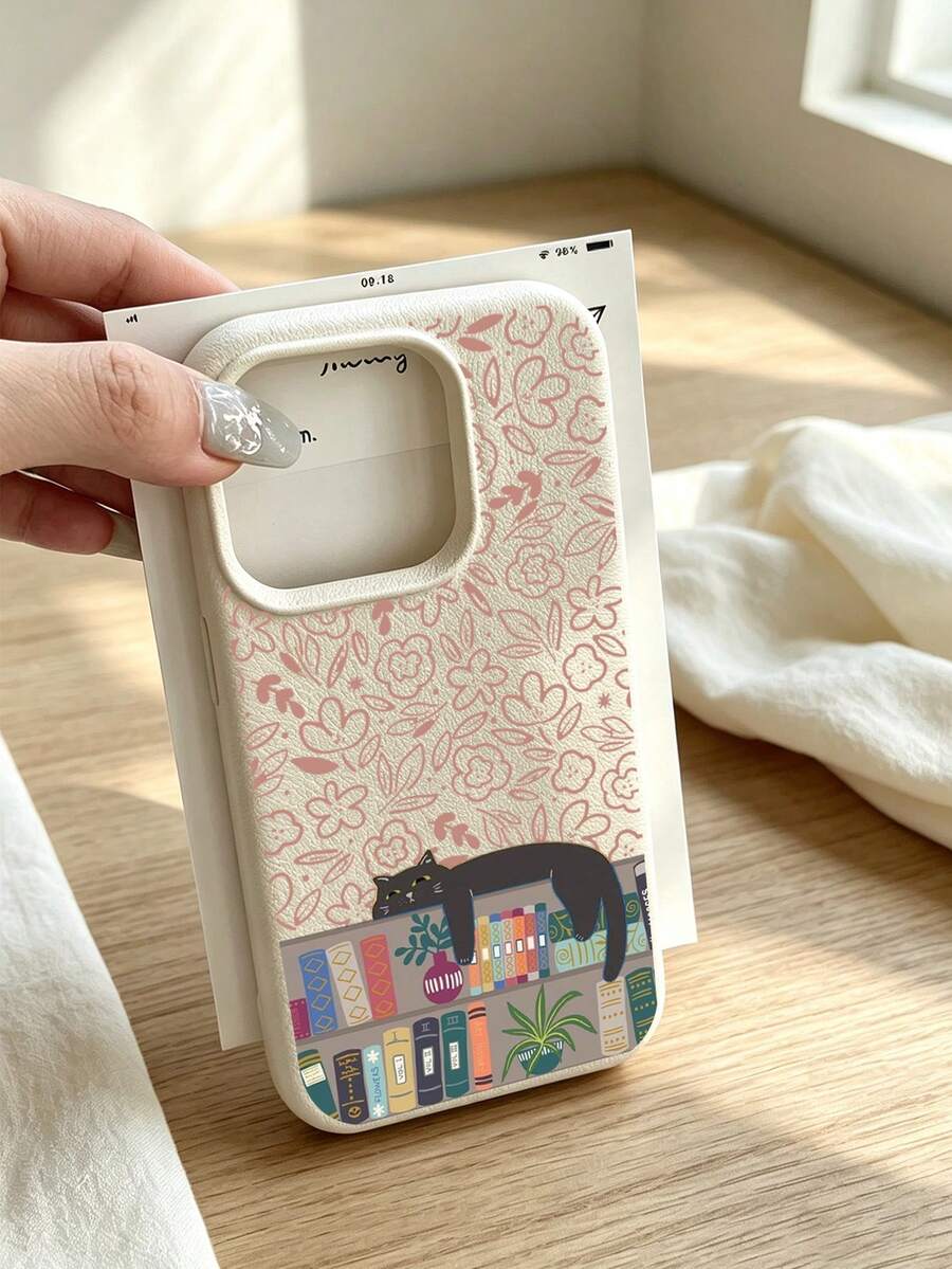 1pc Hand Drawn Sleeping Black Cat Colorful Bookshelf Pink Floral Printed Off White Leather Grain Phone Case Compatible With Apple Apple17/16/11/12/13/14/15/15Pro/15Plus/15ProMax/7Plus/8Plus/X/XsMax/Xr/11Pro/13Pro/14Pro/11ProMax/12ProMax/13ProMax/16ProMax/17Pro/17e/17ProMax&Galaxy S20FE/S21FE/S22/S22UITRA/S25/S25FE/S26/S26Uitra/A05s/A06/A07/A14/A17/A25/A26/A34/A35/A36/A53/A54/A55/A56/A57 - Multicolor - View 1