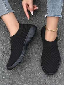 Women's Comfortable Breathable Casual Sports Shoes With Elastic Upper, Suitable For Plus Size, Gym, Commuting, Walking - Black - View 6