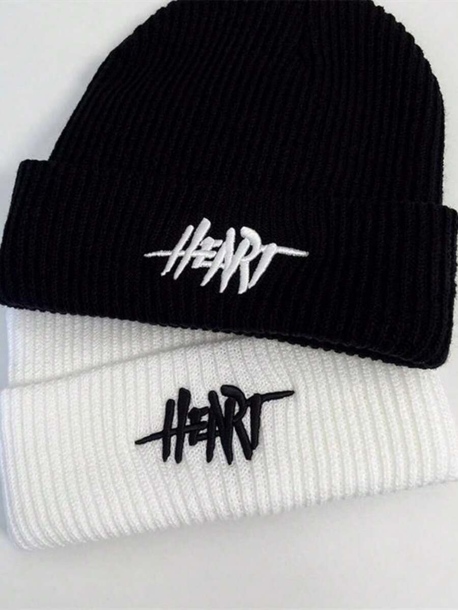 Men's Letter Embroidered Knit Beanie, Korean Style Earflap Winter Hat, Hip-Hop Couple Warm Hat - A - View 1