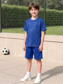 2pcs/Set Boys & Teen Boys Soccer Sports Outfit, Geometric Pattern Short Sleeve Jersey & Shorts - Blue - View 4