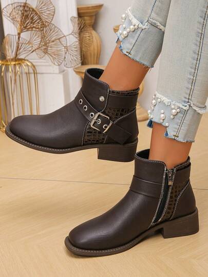 Botas de tobillo para mujer talla grande 36-42, estilo clásico minimalista, marrón oscuro, efecto cocodrilo liso con patchwork, costuras en contraste, hebilla con ojal metálico, cremallera lateral, puntera redonda, tacón bajo, ligeras, cómodas, antideslizantes, resistentes al desgaste, versátiles para uso diario y casual, otoño/invierno