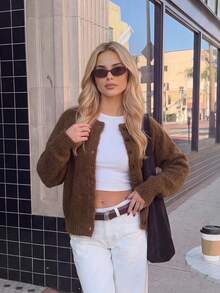 Nicenter Women's Fall‑Winter Vintage Wool Blend Marled Slubby Knit Crew Neck Button Cropped Cardigan Sweater Long Sleeve Basic Tops Fall Clothes For Women - Coffee Brown - View 8