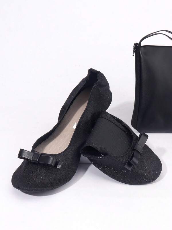 Sepatu Dansa Pesta Berkilau Hitam, Sepatu Dansa Dalam Ruangan Ujung Bulat Ringan dengan Nuansa Tanpa Alas Kaki, Sol Lembut, Sepatu Balet Lipat Tanpa Tali, Sepatu Cadangan untuk Wanita, Dilengkapi dengan Tas Penyimpanan Warna Senada