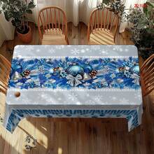 2D Flat-Print Polyester Christmas Tablecloth – Blue Design Featuring Christmas Balloons, Bells, And Bows With Winter Snowflakes – Perfect For Home, Parties, And Holiday Decor – An Ideal Festive Gift - Christmas Style E - View 4