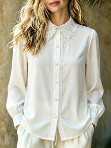 Women's Solid Color Button-Front Shirt, Lace Collar Embroidered Long Sleeve Blouse, Suitable For Business, Office, Home, Vacation, Holiday, Spring, Summer, Autumn, Winter - White - View 5