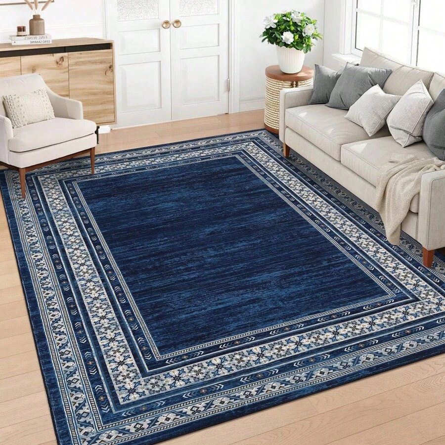 Techigher Modern Washable Area Rug - Non Slip Geometric Bordered Living Room Carpet, Foldable Thin Low Pile Floor Cover For Bedroom, Kitchen, Dining Room - Blue - View 1