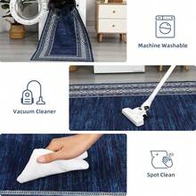 Techigher Modern Washable Area Rug - Non Slip Geometric Bordered Living Room Carpet, Foldable Thin Low Pile Floor Cover For Bedroom, Kitchen, Dining Room - Blue - View 5