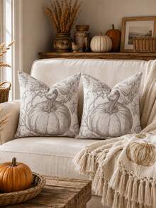 1 Stück Herbst Landhausstil brauner Toile De Jouy Kürbis Kissenbezug, Vintage Herbst Bauernhaus Ernte Thanksgiving Sofa Dekoration - Beige - Übersicht 4