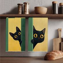 2PCS Cute Peeking Cat Pattern Printed Kitchen Towels 40*60cm Simple Style Rectangular Microfiber Kitchen Towels, Dish Cloths, Tablecloths, Hand Towels, Kitchen Decor, Housewarming Gifts For Neighbors, Perfect For Kitchen And Bathroom Use, Suitable For Housewives And Family Gatherings, High Cost-Performance, Essential Household Item - Green - View 6