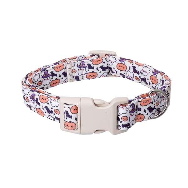 Daily Walking Polyester Adjustable Dog Collar Small Medium Large Dogs, White Pumpkin Ghost Bat Halloween Print Collar, Reliable Quick Buckle & Rustproof D Ring, Cute Holiday Collar For Indoor Costume Parties & Outdoor Fall Pet Activities