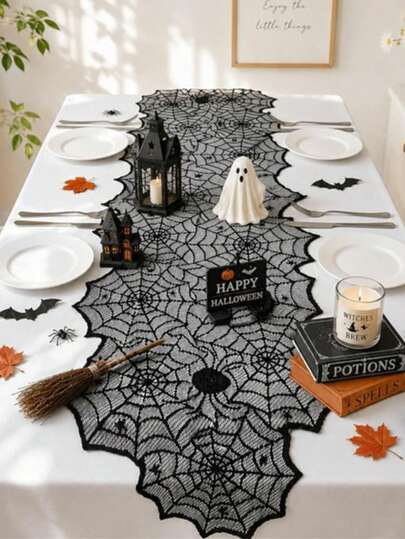 Halloween Asymmetrical Spider Web Table Runner, Hollow Lace Black Vintage Style, Suitable For Party Atmosphere Decoration And Home Decor, Indoor And Outdoor Use, Can Be Used For Coffee Table, Entryway, Living Room, Dining Table, Etc.