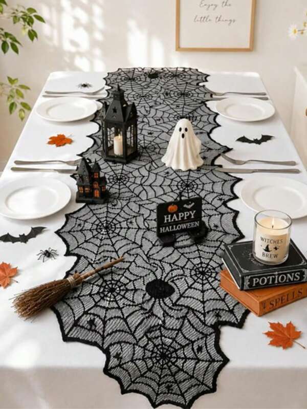 Halloween Asymmetrical Spider Web Table Runner, Hollow Lace Black Vintage Style, Suitable For Party Atmosphere Decoration And Home Decor, Indoor And Outdoor Use, Can Be Used For Coffee Table, Entryway, Living Room, Dining Table, Etc.