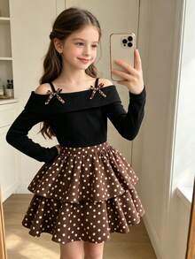 Girls' Fashionable Elegant 2-Piece Set With Off-Shoulder Spaghetti Strap Top, Contrast Bow Decor, Double Layer Polka Dot Print Tiered Skirt - Brown - View 3