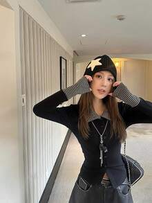 Women's Early Spring Striped Patchwork Slim Fit Cardigan Top, Collared Long Sleeve T-Shirt - Black - View 4