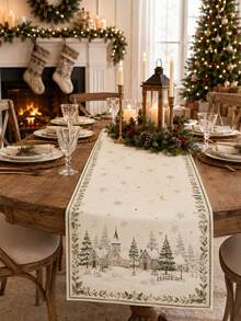 1pc Cream Winter Village Christmas Table Runner, Vintage Linen Rectangular Snow House Pine Tree Snowflake Star Moon Holly Berry Print Tablecloth, Suitable For Dining Table, Kitchen, Buffet, Christmas Dinner, Holiday Party And Winter Home Decor - Multicolor - View 7