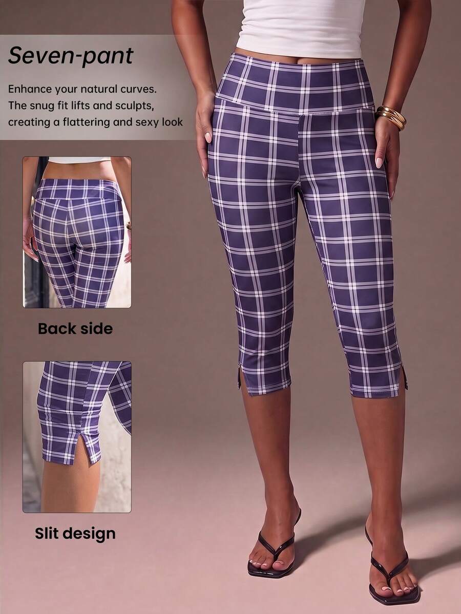 1pc Women's Plaid Striped 3/4 Length Pants With Split Hem Design, Machine Washable Fabric, Suitable For Running, Yoga, Dance, Sports, Indoor/Outdoor Daily Wear And Party Occasions - Blue and White - View 1