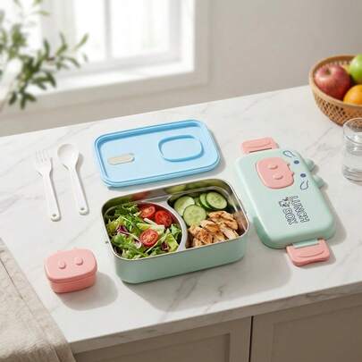 Boîte Bento Adulte, Boîte à Déjeuner Isotherme en Acier Inoxydable 304, Contenants à Déjeuner Micro-ondables, Contenants de Préparation de Repas à 2 Compartiments avec Séparateurs, Contenants à En-cas Étanche avec Couvercles, Contenants de Stockage Alimentaire Divisés avec Cuillère et Fourchette pour Étudiant École Bureau