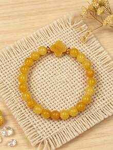 1pc Natural Yellow Jade Four-Leaf Clover Stretch Bracelet, Symbol Of Luck, Prosperity, Wealth, Bohemia Cross Fashion Jewelry Unisex Gift For Women Men - Yellow - View 5
