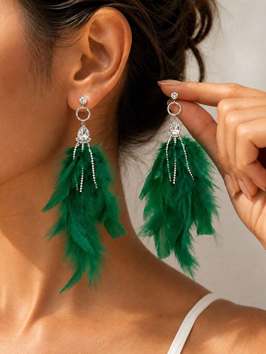 FAAABULS 1件歐美風誇張珍珠羽毛耳環,夏季個性化女款時尚通勤高端耳環 - EH3539銀色 - 查看 1