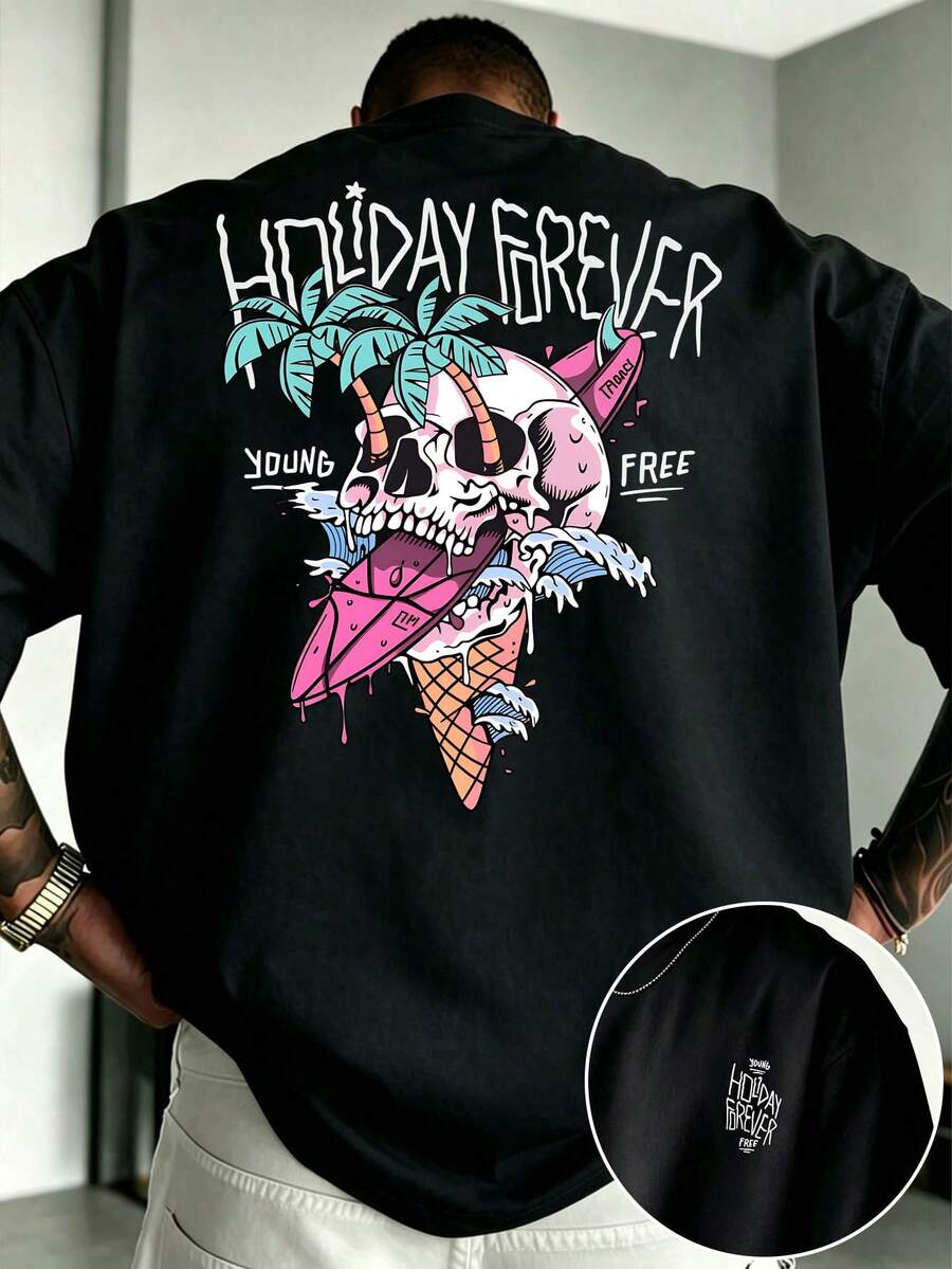 1pc Plus Size Men's Round Neck Short Sleeve Skull Ice Cream Palm Tree Print T-Shirt, Summer Casual Daily Wear Top, Loose Fit, Plus Size, Size Recommendation Details In Main Image, Please Check Size Before Ordering To Avoid Fit Issues!!! - Black - View 1