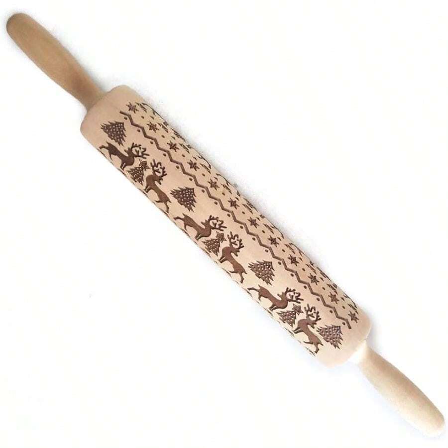 Embossed Wooden Rolling Pin Baking, Deep Engraved Embossing Rolling Pin With Elk Design Baking Embossed Cookies, Cute Kitchen Decor And Adults - Multicolor - View 1