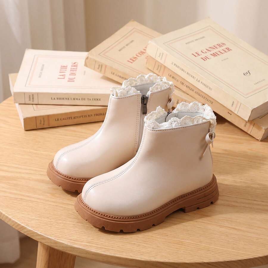 1 Pair 2026 New Girls' Ankle Boots, Lace Trim Back Zipper Thick Sole ...