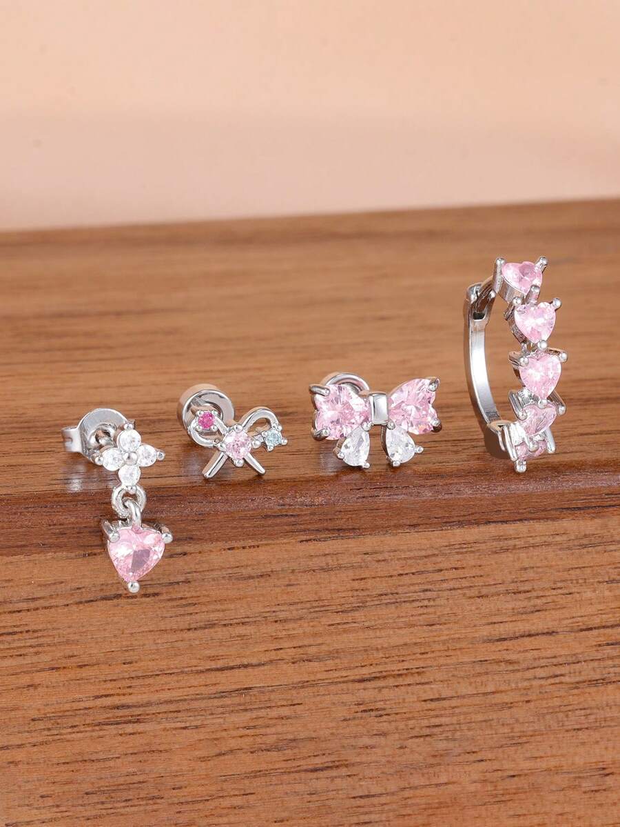 4件組新款甜美不鏽鋼蝴蝶結耳釘套組 女款心形耳環 日常佩戴飾品 - 4PCS-銀 - 查看 1