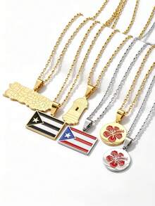 Stainless Steel Puerto Rico Series Pendant Necklace, Map/Fortress/Flag/Hibiscus Flower Charm Chain Necklace, Daily Jewelry Gift For Men Women - Necklace - View 1