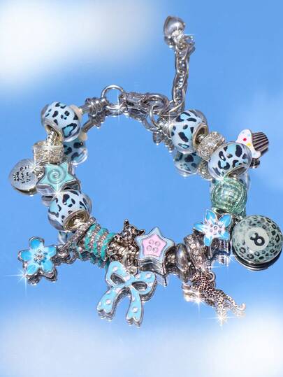 1pc Leopard Print Leopard Star Charm Bracelet, Polka Dot Bow Heart Slogan Bracelet, Leopard Print Cherry Blossom Bracelet