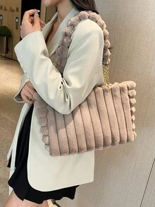 1件大容量毛絨拉鍊托特包，時尚鏈條毛茸茸設計，秋冬新款，適合女性日常使用 - 咖啡 - 查看 6