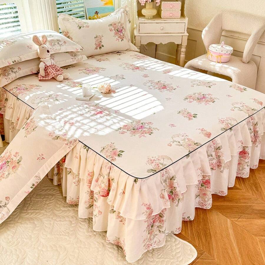 Bộ 3 món váy giường phong cách công chúa Hàn Quốc thân thiện với da, gồm 1 váy giường và 2 vỏ gối, chất liệu polyester thoáng khí, in sắc nét, phù hợp cho mọi mùa, lý tưởng để trang trí nhà hoặc ký túc xá - Nhiều màu - Xem 1