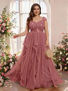 Plus Size Deep V-Neck Sequin Lace Contrast Mesh Ruffle Hem Elegant Evening Party Long Dress, Wedding Guest Dress, For Homecoming, Graduation - Dusty Pink - View 2