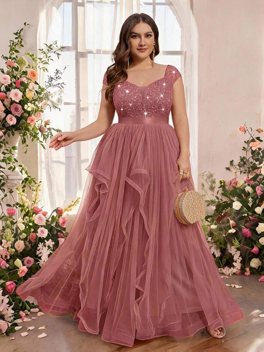 Plus Size Deep V-Neck Sequin Lace Contrast Mesh Ruffle Hem Elegant Evening Party Long Dress, Wedding Guest Dress, For Homecoming, Graduation