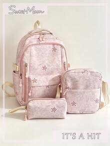 3pcs Pink Nylon Casual Minimalist Star Pattern All-Over Print Comfortable Shoulder Strap Zipper Closure Multi-Pocket Large Capacity Foldable With Crossbody Strap Pencil Case Backpack Set, Suitable For Spring/Summer Hot-Selling Style, Ideal For Students, School, Commuting, Outdoor Travel, Back-To-School Gift, Can Hold Books, Pencil Case, Notebooks - Pink - View 2