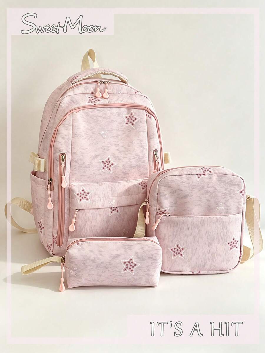 3pcs Pink Nylon Casual Minimalist Star Pattern All-Over Print Comfortable Shoulder Strap Zipper Closure Multi-Pocket Large Capacity Foldable With Crossbody Strap Pencil Case Backpack Set, Suitable For Spring/Summer Hot-Selling Style, Ideal For Students, School, Commuting, Outdoor Travel, Back-To-School Gift, Can Hold Books, Pencil Case, Notebooks