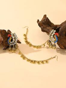 優雅水鑽耳環鍊，傳統中東風格 Jhumka 配鈴鐺流蘇鍊，適合女性婚禮或派對穿著 - 孔雀形狀 - 查看 8